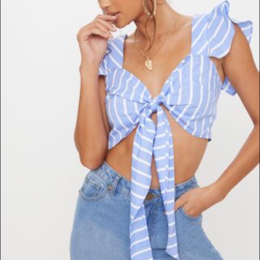 PrettyLittleThing Blue Stripe Crop Top